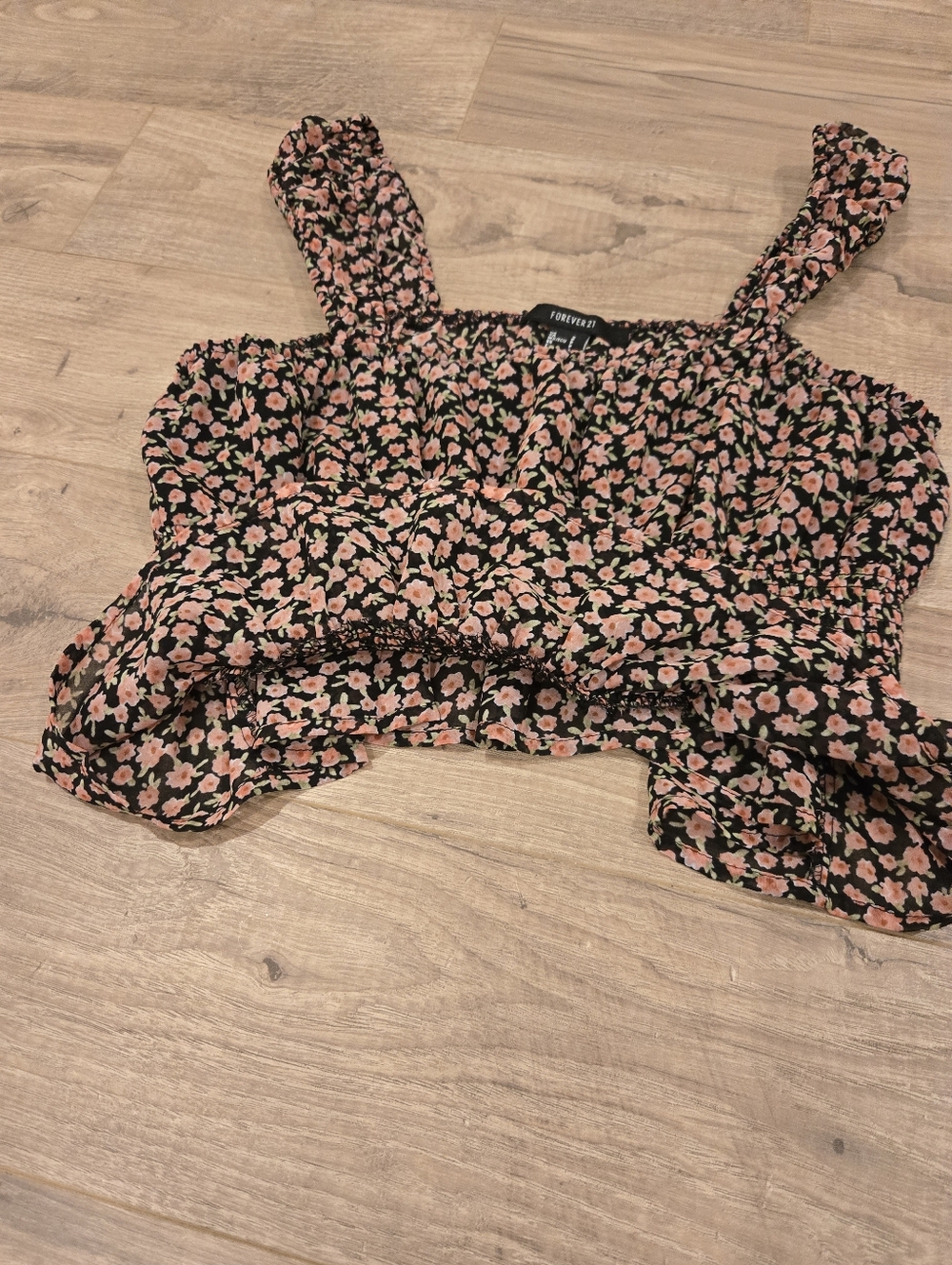 Forever 21 Ditsy Floral Smocked Peplum Tank Top - Black/Pink - Size Small - Picture 3 of 6